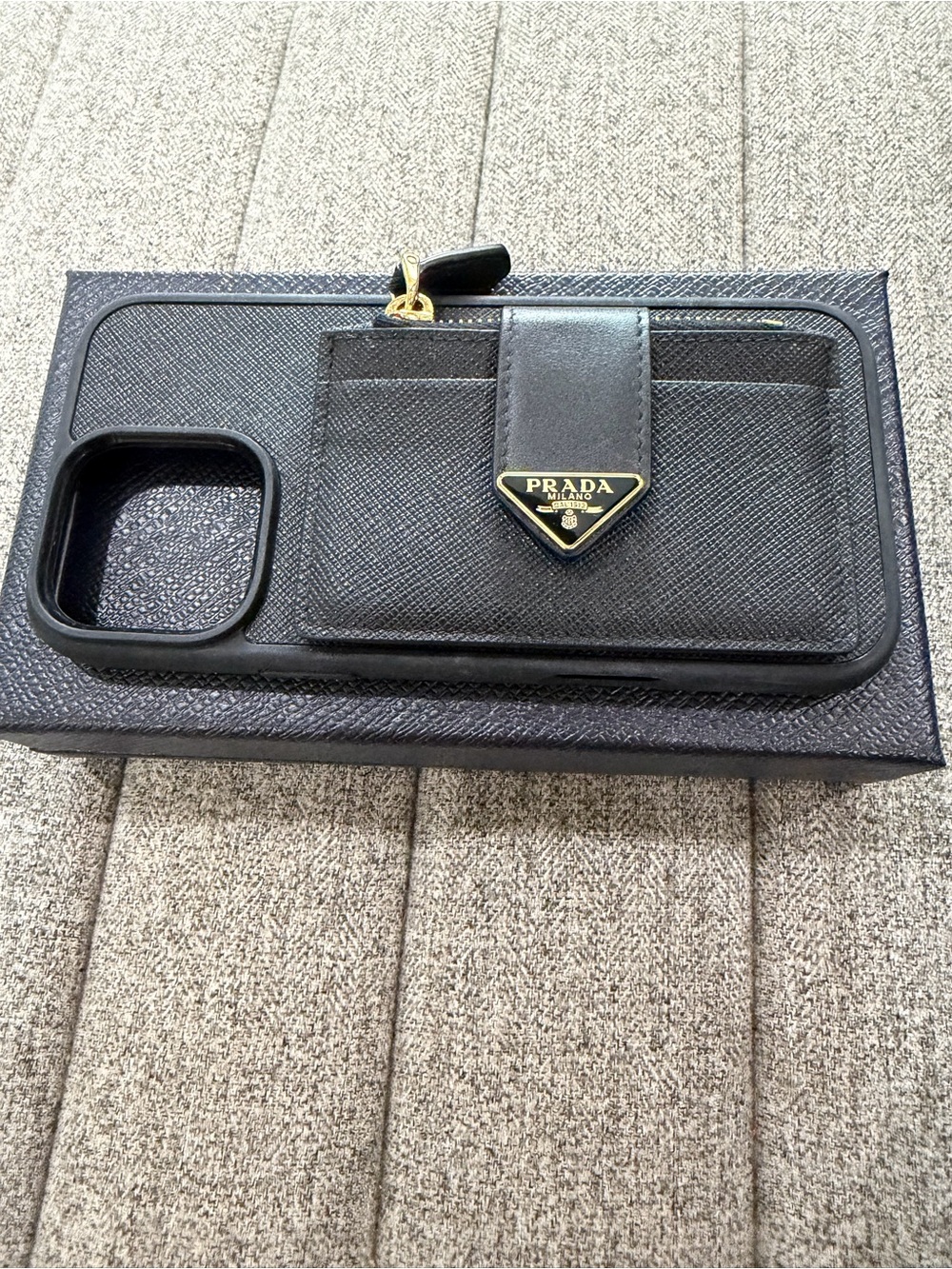 Prada Black Saffiano Leather Phone Case With Card Pocket and Gold Logo